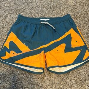 NWOT Men's Geometric Swim Trunks Small Teal Orange Compression Liner 5.5"